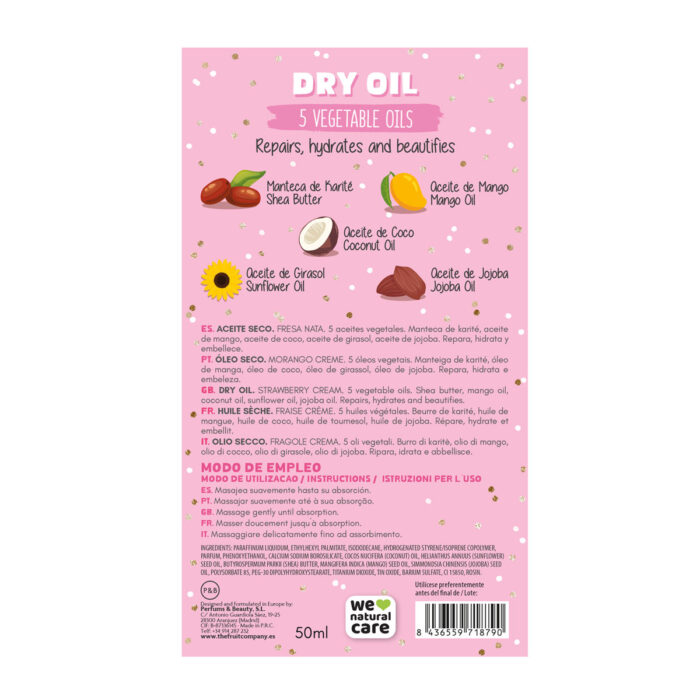 thefruitcompany aceite seco dry oil glitter fresa nata trasera Dry Oil Glitter Fresa Nata 50 ml TFC