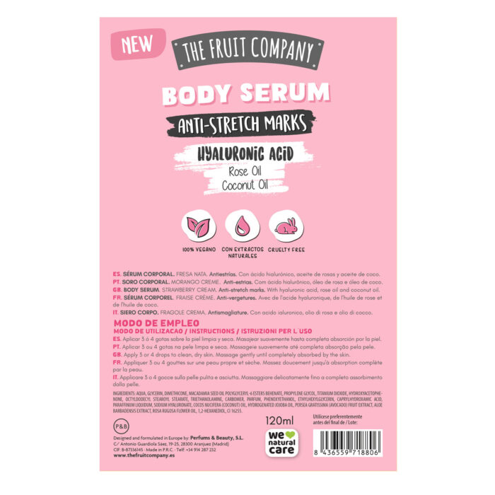 thefruitcompany body serum fresanata caja trasera Body Serum Estrías Fresa Nata 120 ml