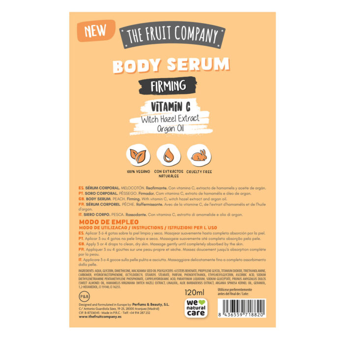 thefruitcompany body serum melocoton caja trasera Body Serum Reafirmante Melocotón 120 ml