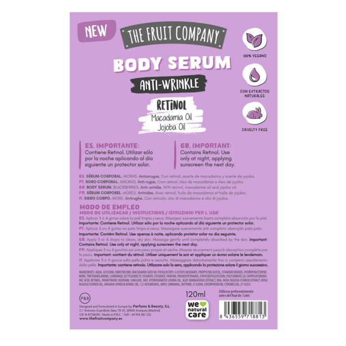 thefruitcompany body serum moras caja trasera Body Serum Antiarrugas Moras 120 ml